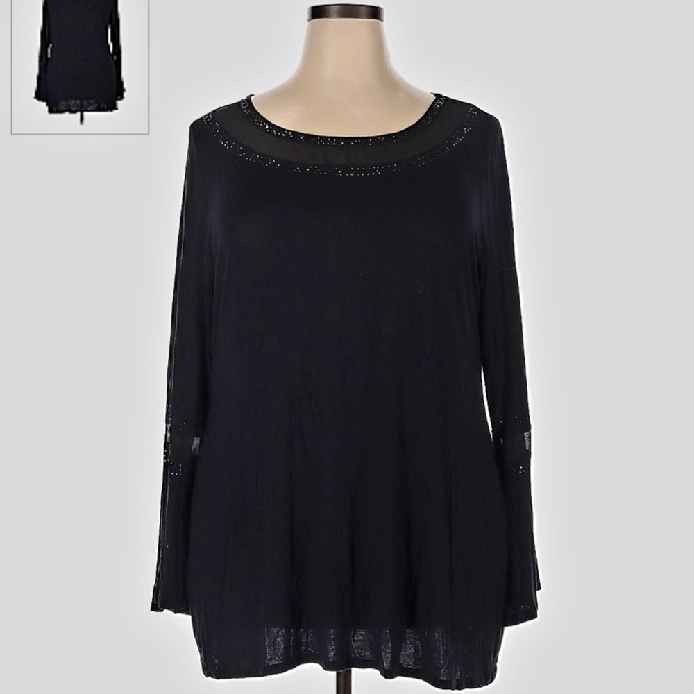Belldini Black Tunic Top Blouse Bell Sleeves Women's 2X Plus Size Studded Sheer